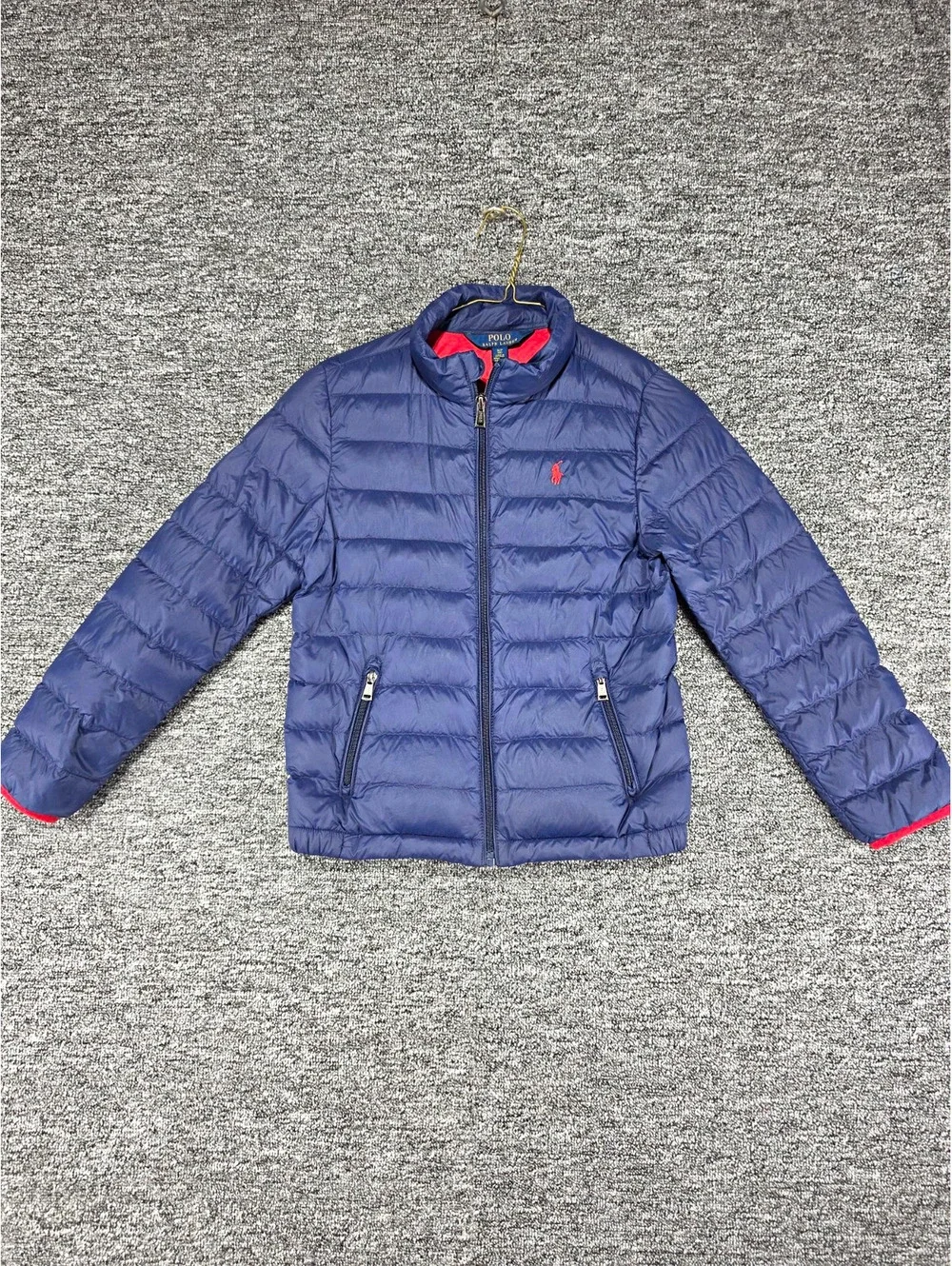Polo Ralph Lauren Kids S/P (8) Blue Red Puffer Jacket White Duck Down.